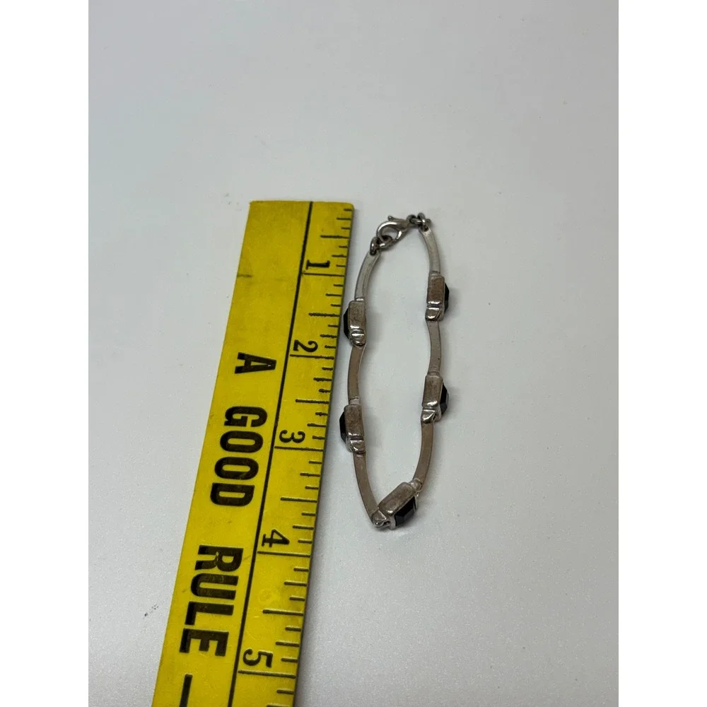 Vintage Silver Tone Black Square Stone Bar Link Bracelet Lobster Clasp 7.5in